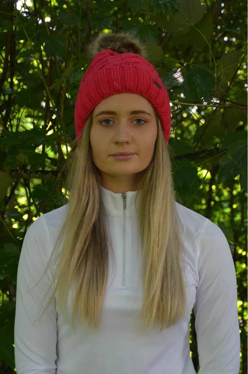 Hy Equestrian Melrose Cable Knit Bobble Hat - Raspberry-1